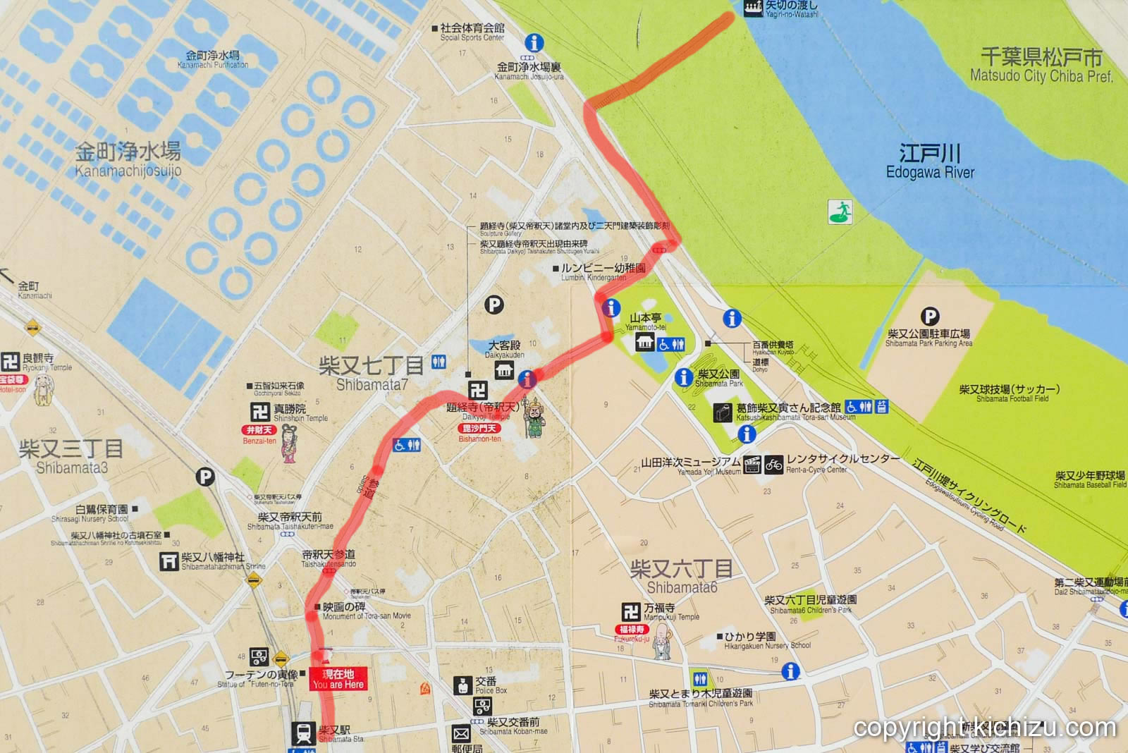 柴又駅から江戸川の矢切の渡しまでのルート